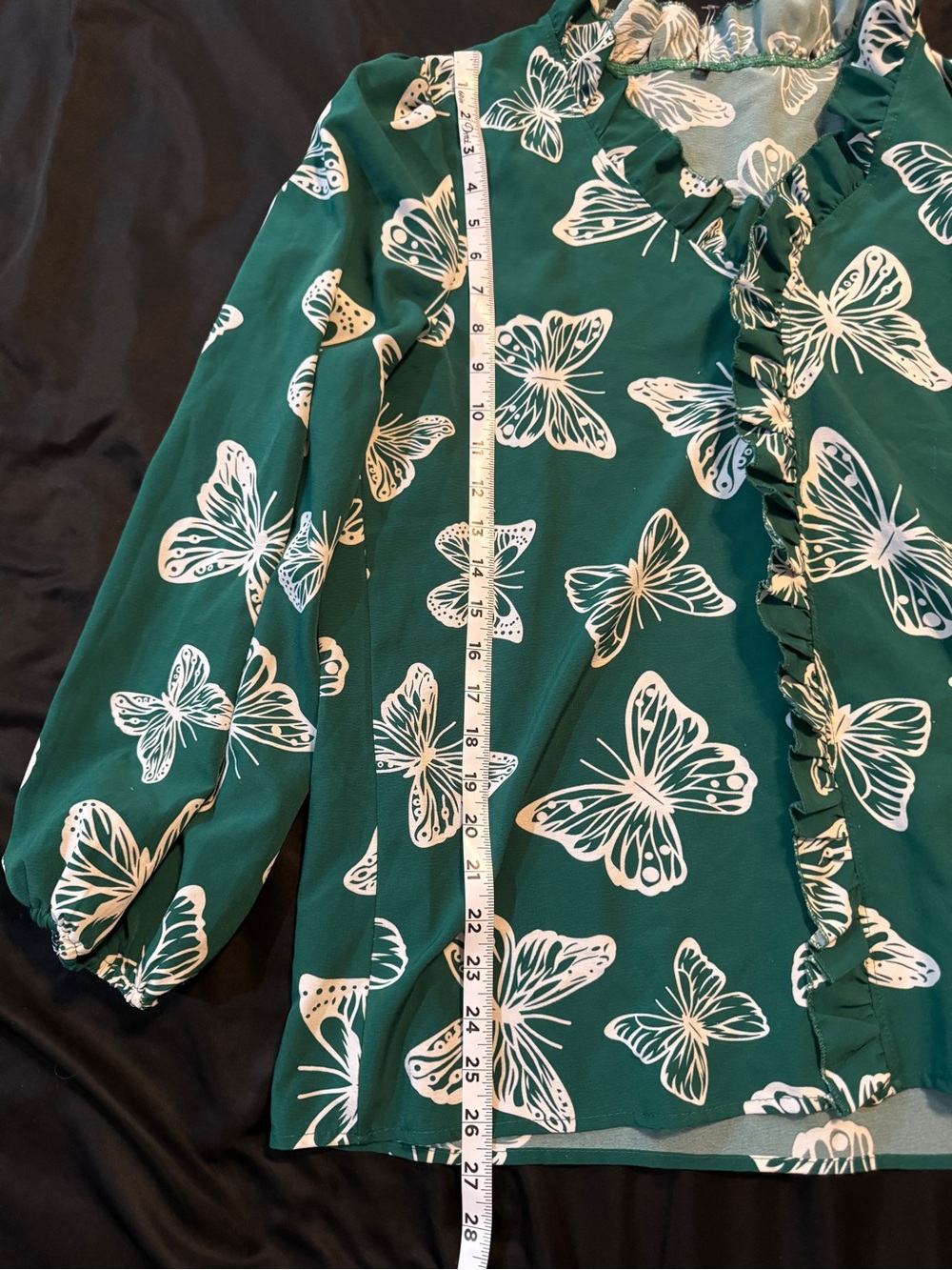 Green Butterfly Print Ruffle Blouse - Picture 2 of 5